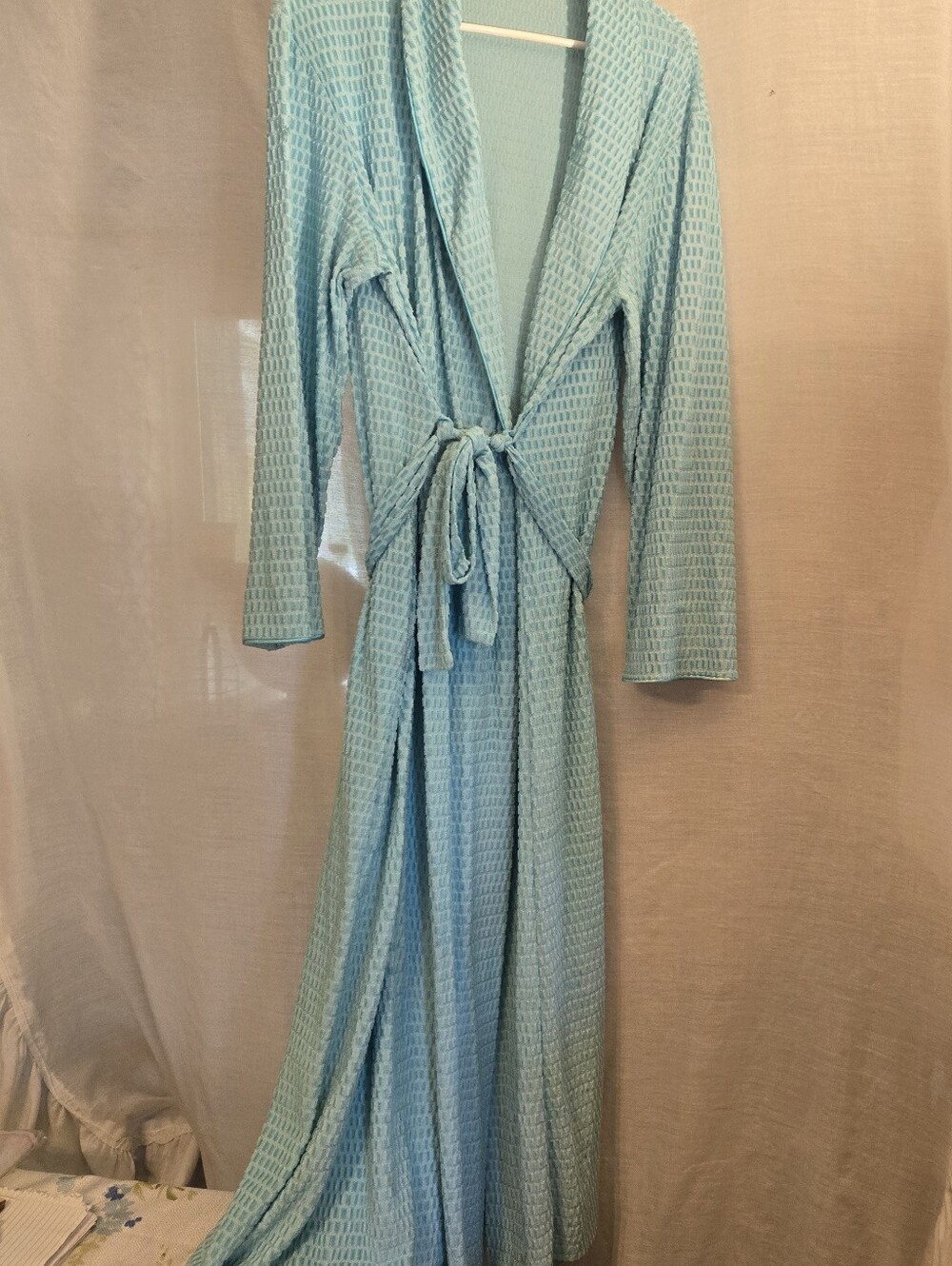 Women's Robe Light Aqua Waffle Knit with Waist Tie M Vintage Rutledge Brand